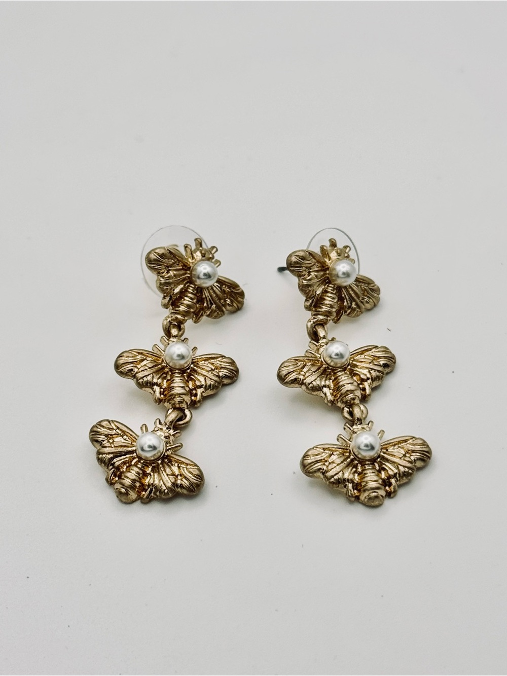 Gold Bee Drop Earrings with Pearl Detail - New - Picture 1 of 11